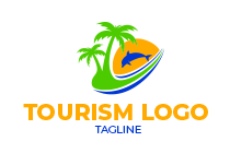 An Island with Palm Tree’s, Ocean, Dolphin, and Horizon Logo