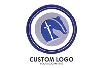 abstract sword and horse in a round seal logo