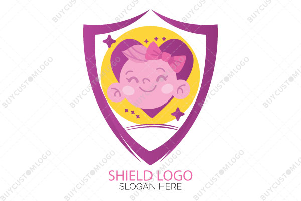 happy little girl, sun and heart in a shield logo