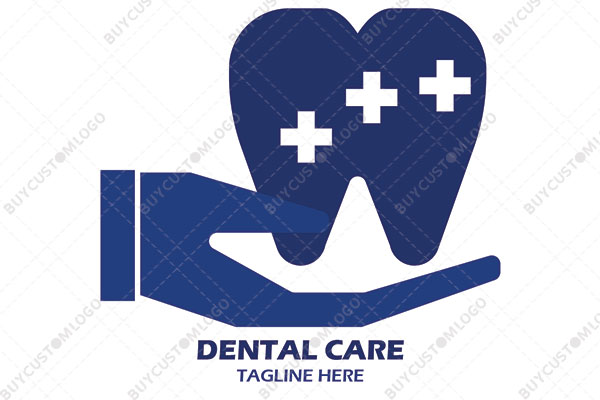 tooth with red crosses on an abstract hand logo