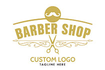 Barber Shop Logo Name with Mustache Above, and Scissors Underneath Logo