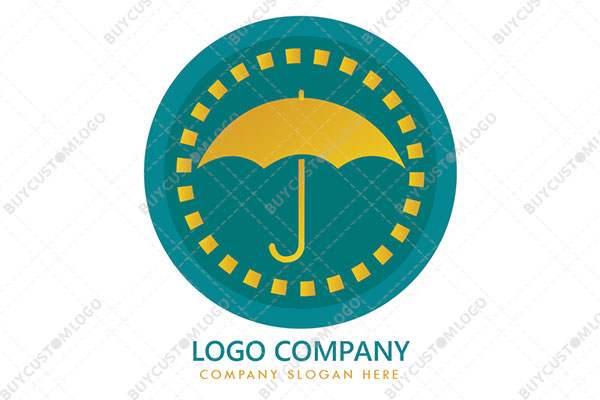 umbrella and dashed line circle in a round seal logo