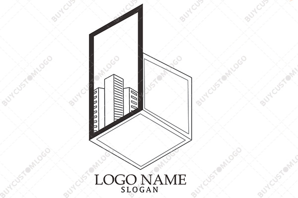 laptop cube window and building logo