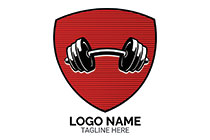 dumbbell in a shield red and black logo
