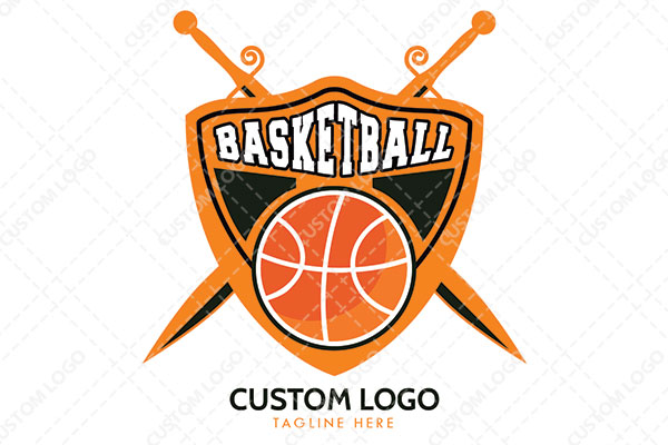 Abstract of a Shield within it a Basket ball and Swords in the Background Logo