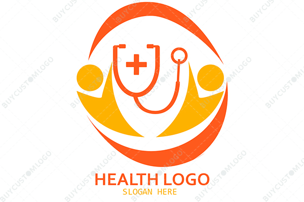 medical cross, stethoscope and abstract persons logo