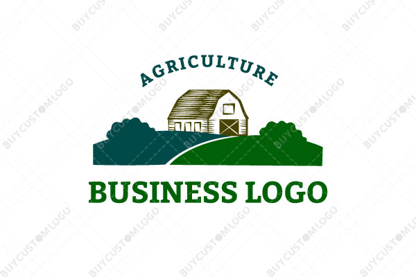 farmhouse on a field with bushes logo