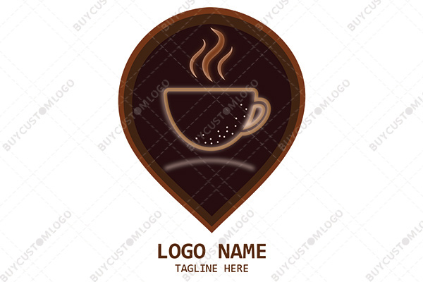 location pin with hot coffee in a cup logo