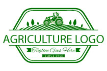 tractor, trees and field in an elongated hexagon logo
