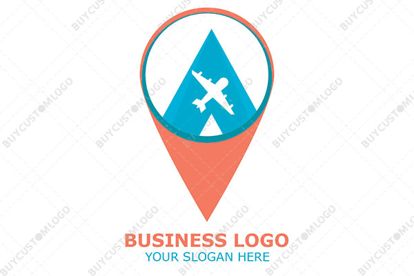 mountain, location pin and aeroplane logo