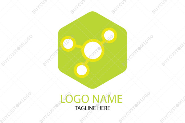 atom with its parts in a hexagon logo