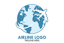 blue and white globe with a flying aeroplane logo