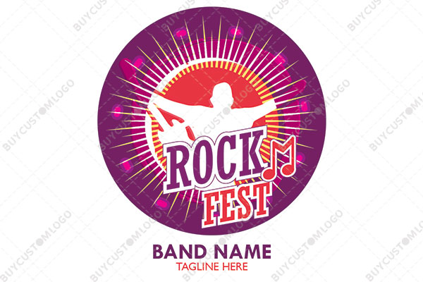 person holding guitar and sun logo