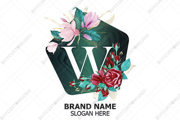 lilies and roses with a pentagon and letter w logo