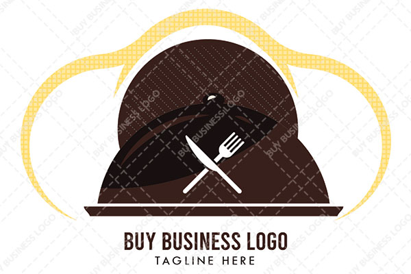 A Cloche with Folk and Knife in Front and Yellow Curves Outlining Logo