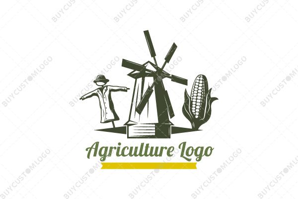 windmill building, corn and scarecrow logo