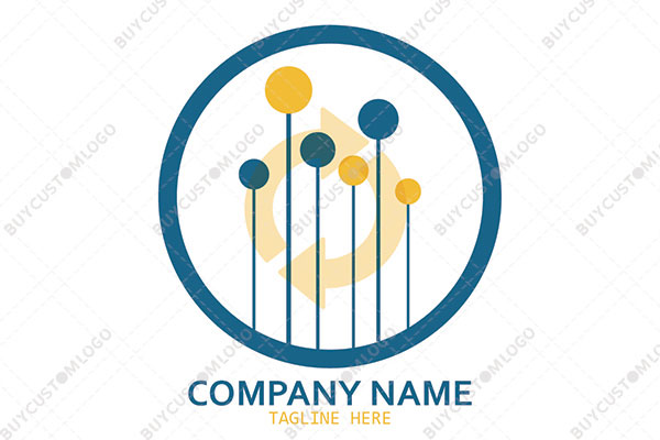 circling arrows in a round seal with network nodes logo