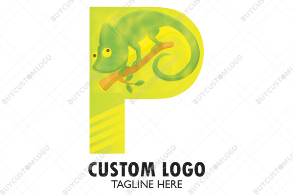 chameleon on a branch in letter p logo