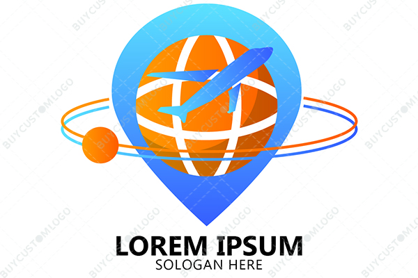 An Airplane and Globe within a Location Icon Logo
