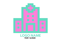 pixelated cyan and pink hospital logo