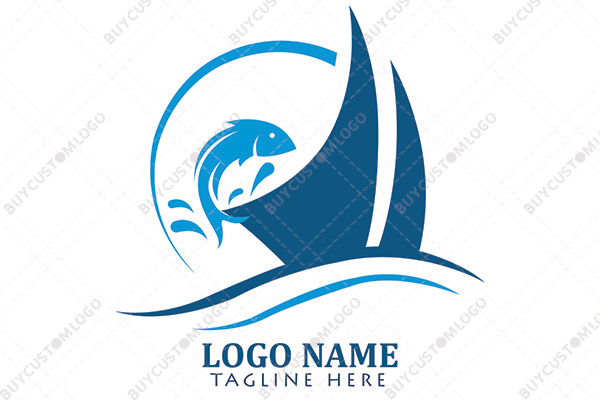 abstract sailing boat and fish logo