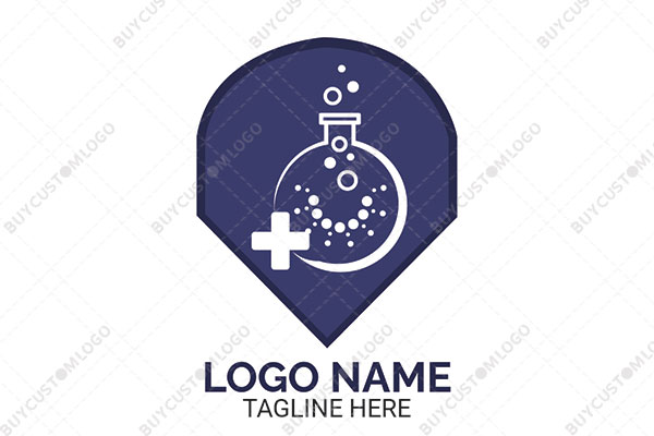 inverted abstract shield with round bottomed flask logo