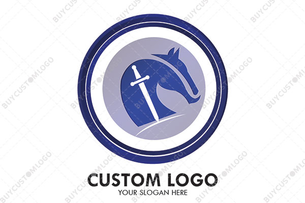 abstract sword and horse in a round seal logo