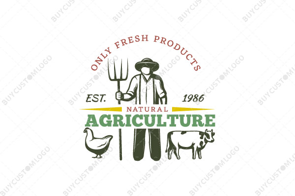 farmer with a graip, chicken and cow logo