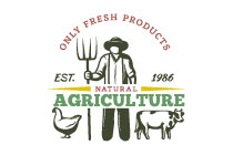 farmer with a graip, chicken and cow logo