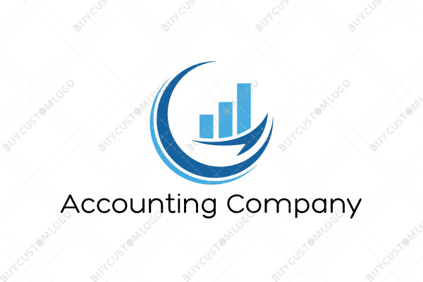 crescent moon, abstract arrows and bar graph logo