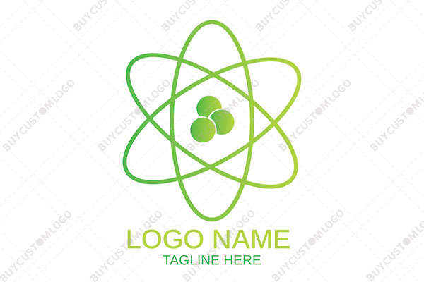 the green atom with electron, proton and neutron logo