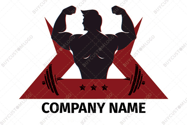 bodybuilder posing on a stage logo