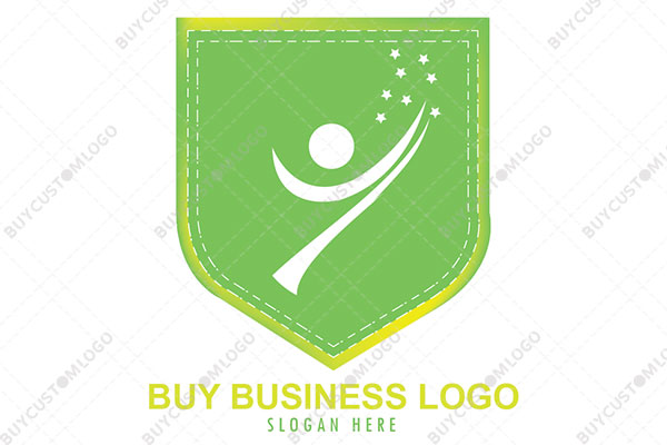 abstract person and stars in a shield badge logo