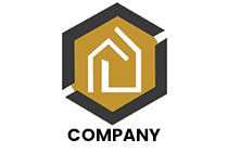 hut, sun and hexagon seal logo