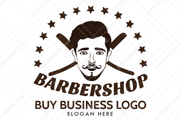A Man Face with Shaving Blades in Opposite Directions, and Stars in the Background Logo