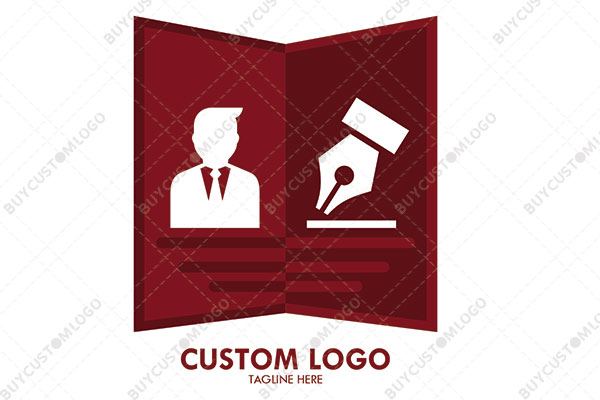 suited professional and pen in an abstract book logo