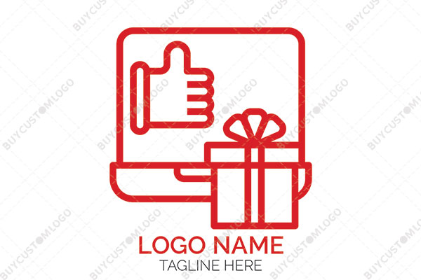 computer screen with gift box and thumbs up logo