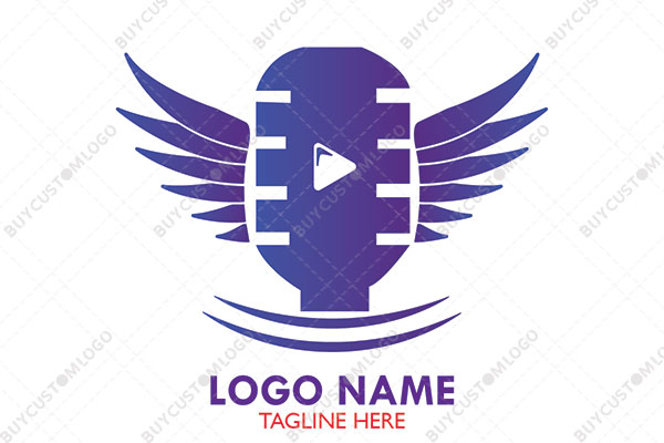 microphone with smileys, wings and play icon logo