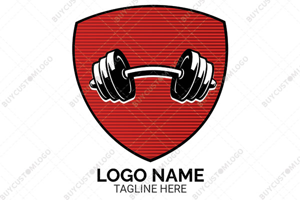dumbbell in a shield red and black logo