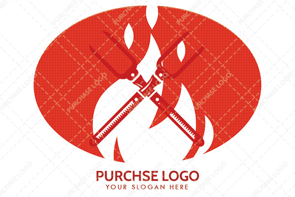 Oval Abstract within it Two Barbecue Forks and Flame Logo