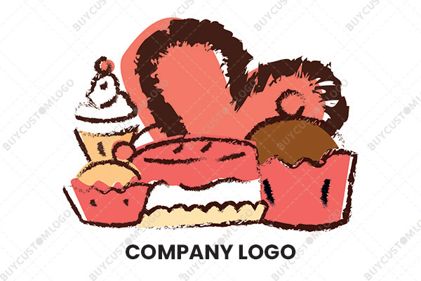 cupcakes, round cake, pastry and heart logo
