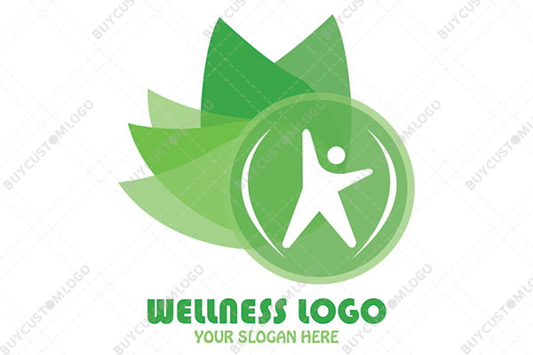 abstract person stretching in a bubble with leaves logo