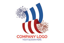 fireworks and abstract cloth banner with stripes logo