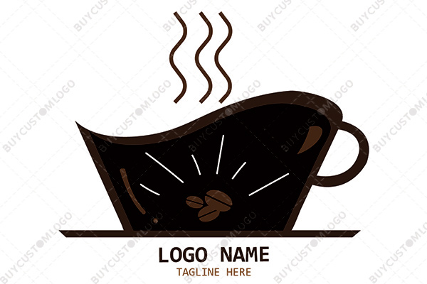 huge dark coffee cup with fumes and beans logo