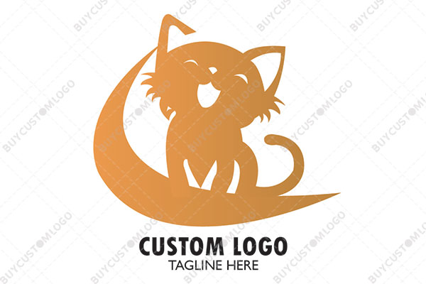happy cat with circular line silhouette style logo