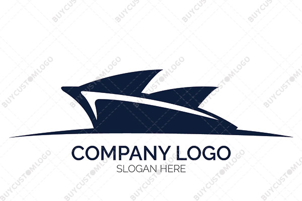 boat with shark fins blue and white logo