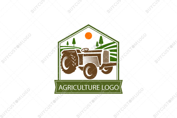 tractor on a farm land in a semi hexagon seal logo
