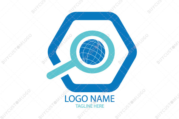 magnifying glass and globe in a hexagon logo