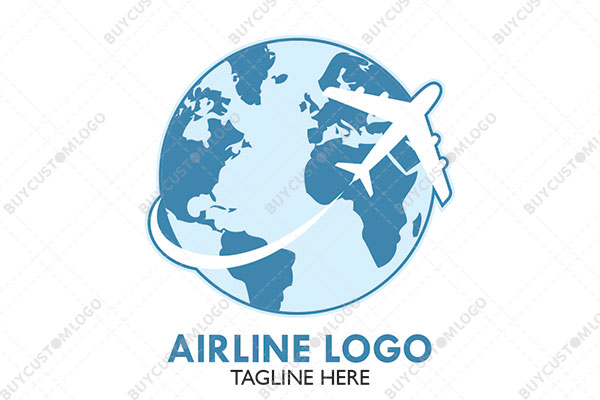 blue and white globe with a flying aeroplane logo