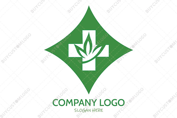 red cross and weed in a four pointed square logo